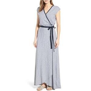 Caslon | Small | Striped Navy Faux Wrap Belted Super Soft 100% Cotton Maxi Dress